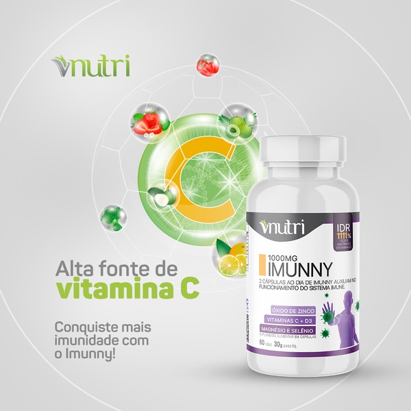 A 1:1 format ad creative featuring a Vitamin C supplement bottle surrounded by illustrated health icons and a glowing central 'C' graphic.